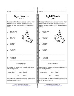 Take-Home List (Unit 30) Sight Words Worksheet