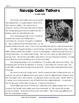 Navajo Code Talkers  Reading Comprehension Worksheet