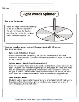 Word Spinner (-ight) Word Families Worksheet