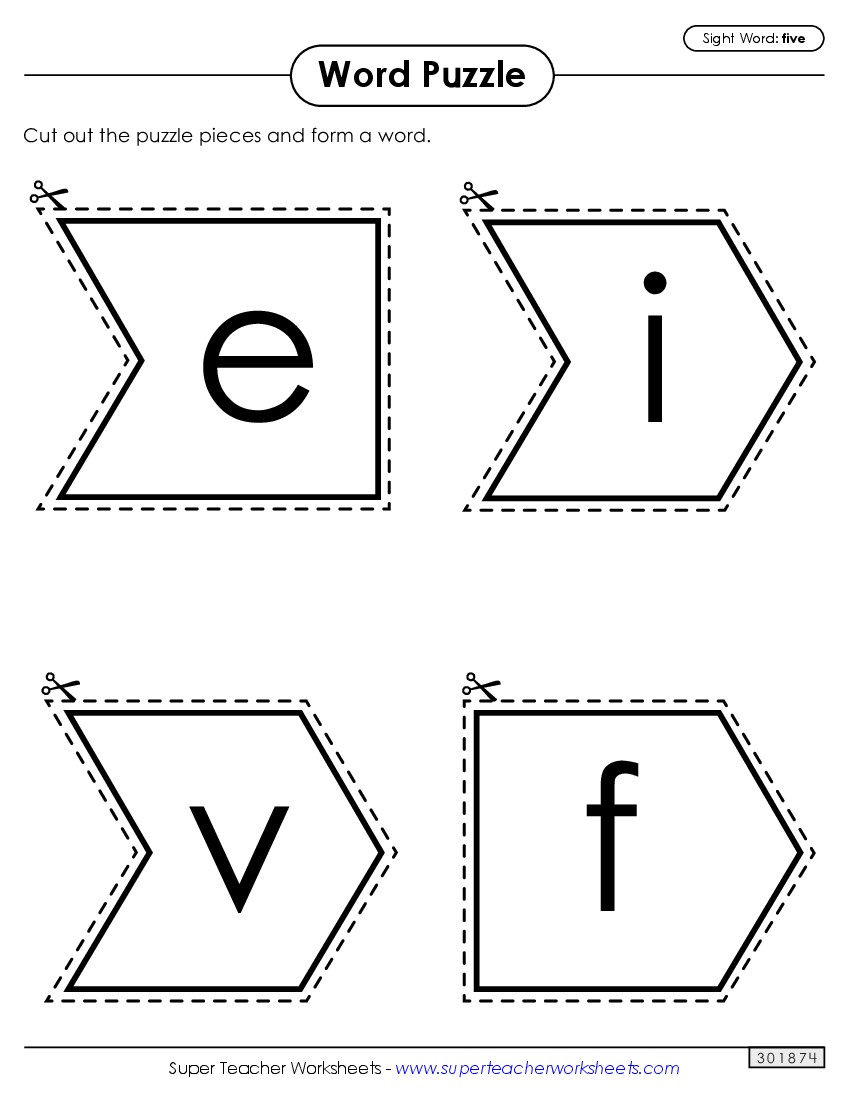 Word Puzzle: Five Sight Words Individual Worksheet