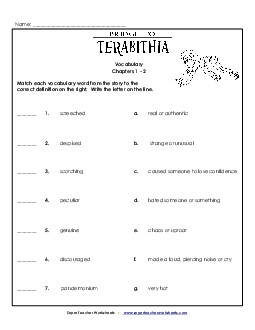 Vocabulary for Chapters 1 and 2 Free Book Bridge To Terabithia Worksheet