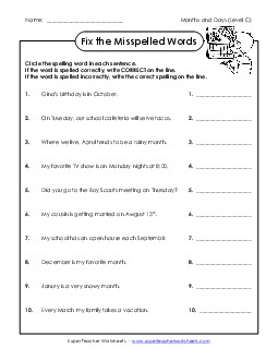 Fix the Misspelled Words (C-Months and Days)  Spelling C Worksheet