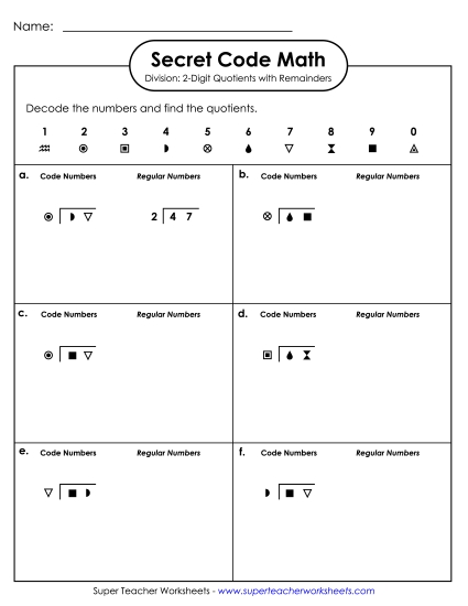 Secret Code Math: 3-Digit Dividends; 2-Digit Quotients; Remainders Division Worksheet