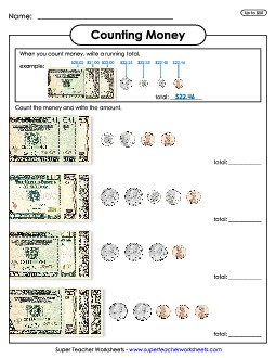 Counting Money With a Running Total (Up to $50) Worksheet