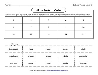 ABC Order: Cut and Glue (C-School Words)  Spelling C Worksheet