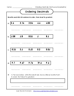 Ordering Numbers: Least to Greatest (Tenths and Hundredths) Place Value Worksheet