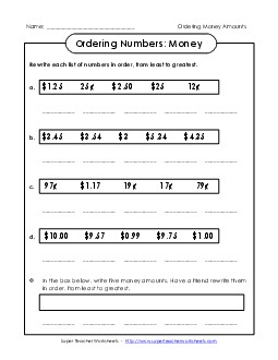 Ordering Money Amounts Place Value Worksheet