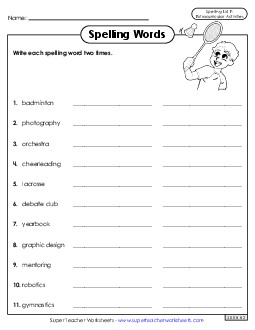 Write Words Twice (Extracurriculars) Spelling F Worksheet