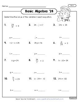 Find the Variable \'24 (Basic) New Year Worksheet