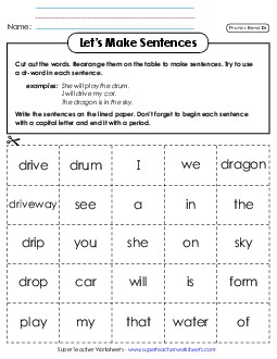 Let\'s Make Sentences (Dr-) Phonics Blends Worksheet