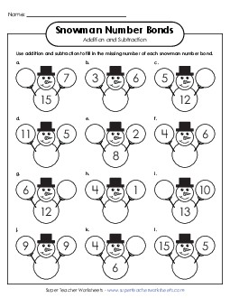 Number Bonds: Addition/Subtraction (Snowmen) Number Families Worksheet