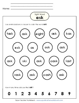 Dab or Color: Ask Sight Words Individual Worksheet