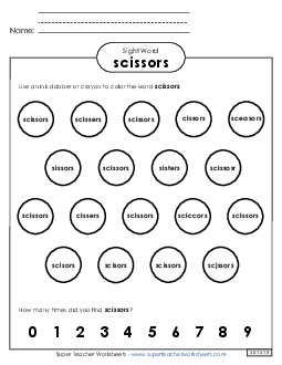 Dab or Color: Scissors Sight Words Individual Worksheet