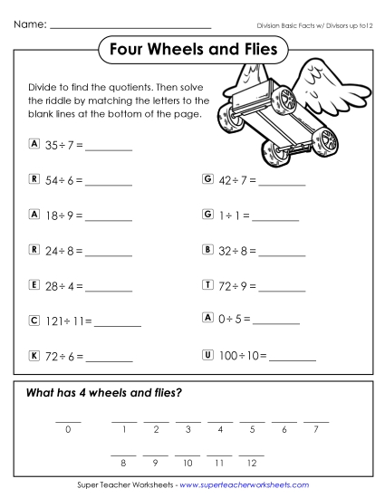 Math Riddle: Four Wheels and Flies Division Worksheet