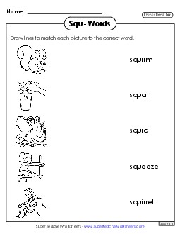 Matching Worksheet (Squ- Words) Phonics Blends Worksheet