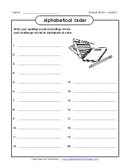 ABC Order: Write List (C-School Words)  Spelling C Worksheet