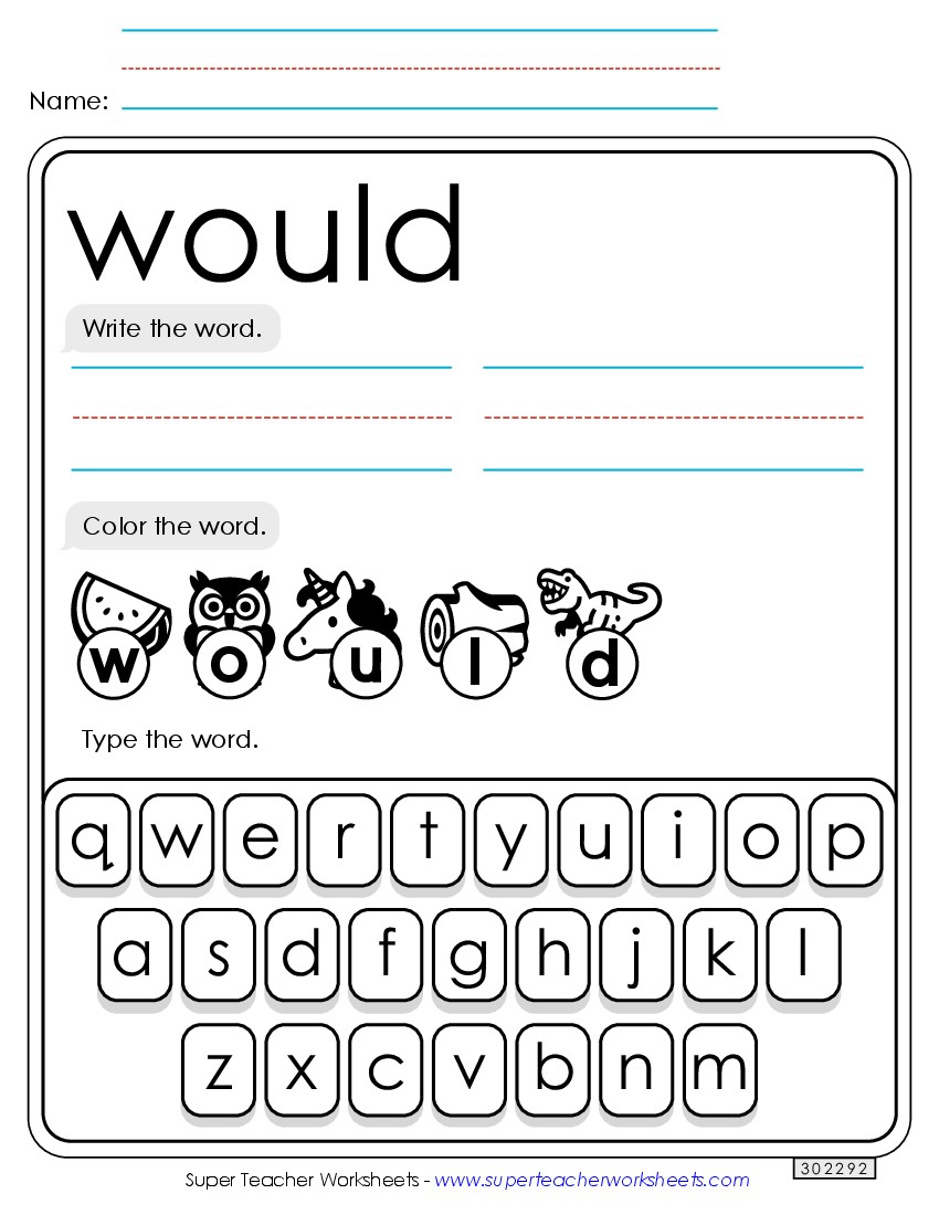 Write, Color, Type: Would Sight Words Individual Worksheet