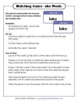 Memory Match Game (-ake) Word Families Worksheet