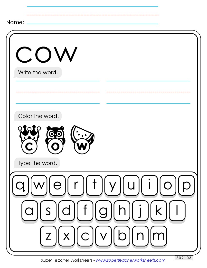 Write, Color, Type: Cow Sight Words Individual Worksheet