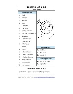 Spelling List D-28 Spelling D Worksheet