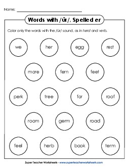 Color the Word: /ûr/ Spelled <i>er</i> Phonics R Controlled Vowels Worksheet