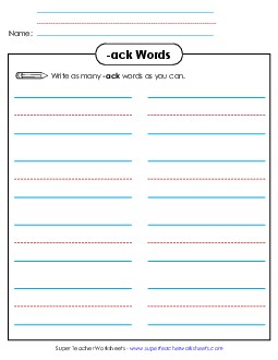 Brainstorm and Write (-ack) Word Families Worksheet