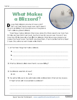 Blizzards (Short, Nonfiction) 2nd Grade Reading Comprehension Reading Comp Short Worksheet