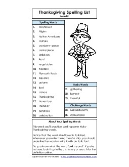 Thanksgiving Word List Spelling E Worksheet