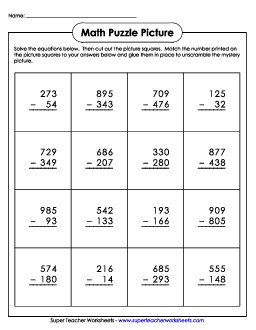 3-Digit Subtraction: Cut-and-Glue Mystery Picture Puzzle Worksheet