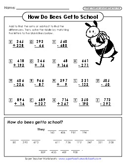 Math Riddle: Bee School (Add/Subtract; 3 Digits) Addition Worksheet