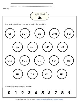 Dab or Color: Us Sight Words Individual Worksheet