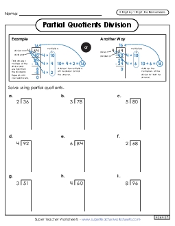 Partial Quotients 2-Digit by 1-Digit Division (No Remainders) Worksheet