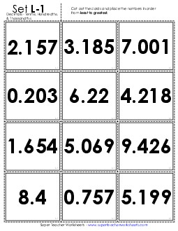 Ordering: Card Sort Game (Tenths, Hundredths, Thousandths) Place Value Worksheet