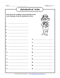 ABC Order: Write List (E-21) Spelling E Worksheet