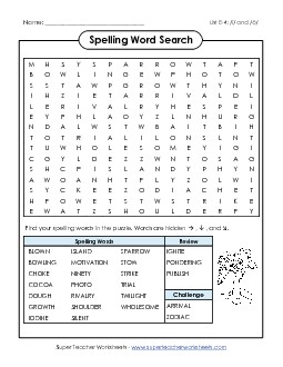 Word Search (E-4) Spelling E Worksheet