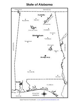 Labeled Alabama Map State Maps Worksheet