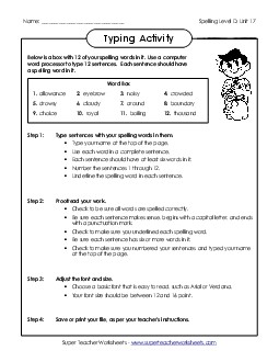 Typing Sentences Activity (D-17) Spelling D Worksheet