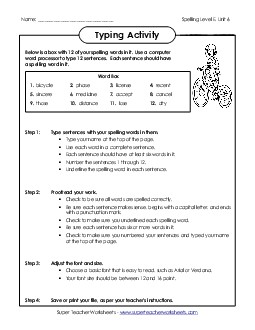 Typing Sentences (E-6) Spelling E Worksheet