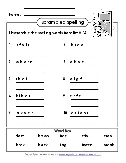 Word Unscramble (A-15) Spelling A Worksheet