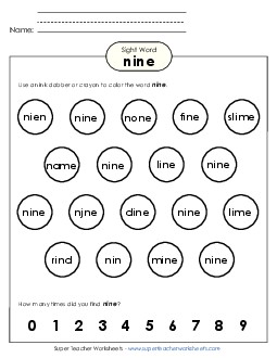 Dab or Color: Nine Sight Words Individual Worksheet