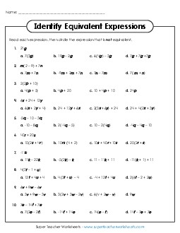 New Identify Equivalent Expressions (Multiple Choice) Worksheet