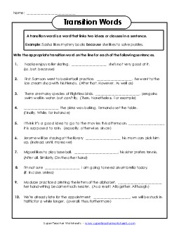 Advanced Transition Words Worksheet