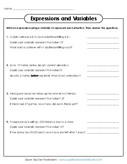 Write & Evaluate Expressions Algebra Worksheet