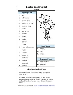 Spelling Word List (Easter) Spelling E Worksheet