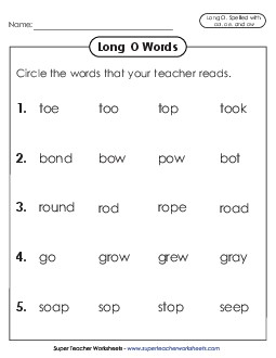 New Listen and Circle (oa, oe, and ow) Worksheet