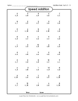 Speed Addition 0-10 (Version 3) Worksheet