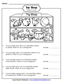 Money Subtraction: Toy Shop (Medium) Worksheet