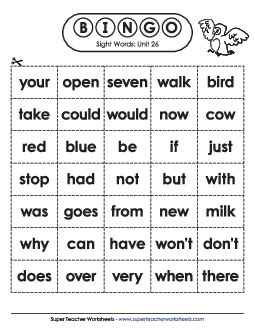 Sight Word Bingo (Unit 26) Sight Words Worksheet