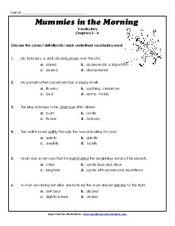 Vocabulary for Chapters 3-4 Book Mummies In The Morning Worksheet