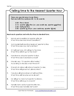 Time Worksheet (Quarter Hour) Worksheet